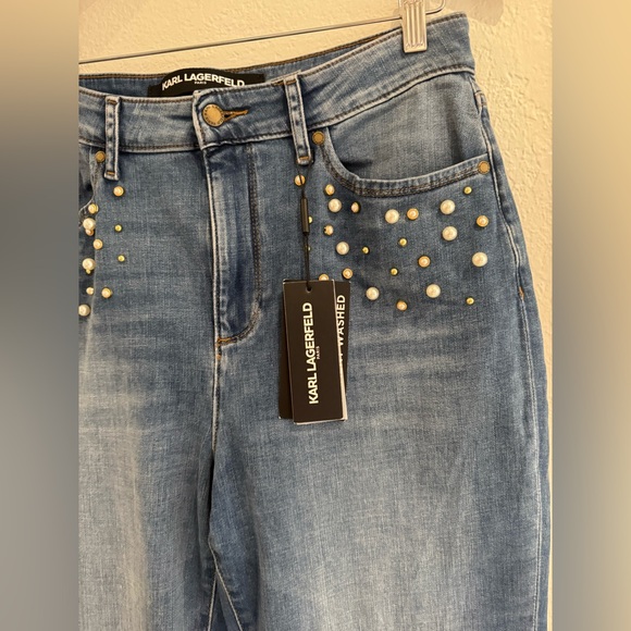 Karl Lagerfeld Blue Pearl-Studded Women's Cropped Jeans - Picture 3 of 6
